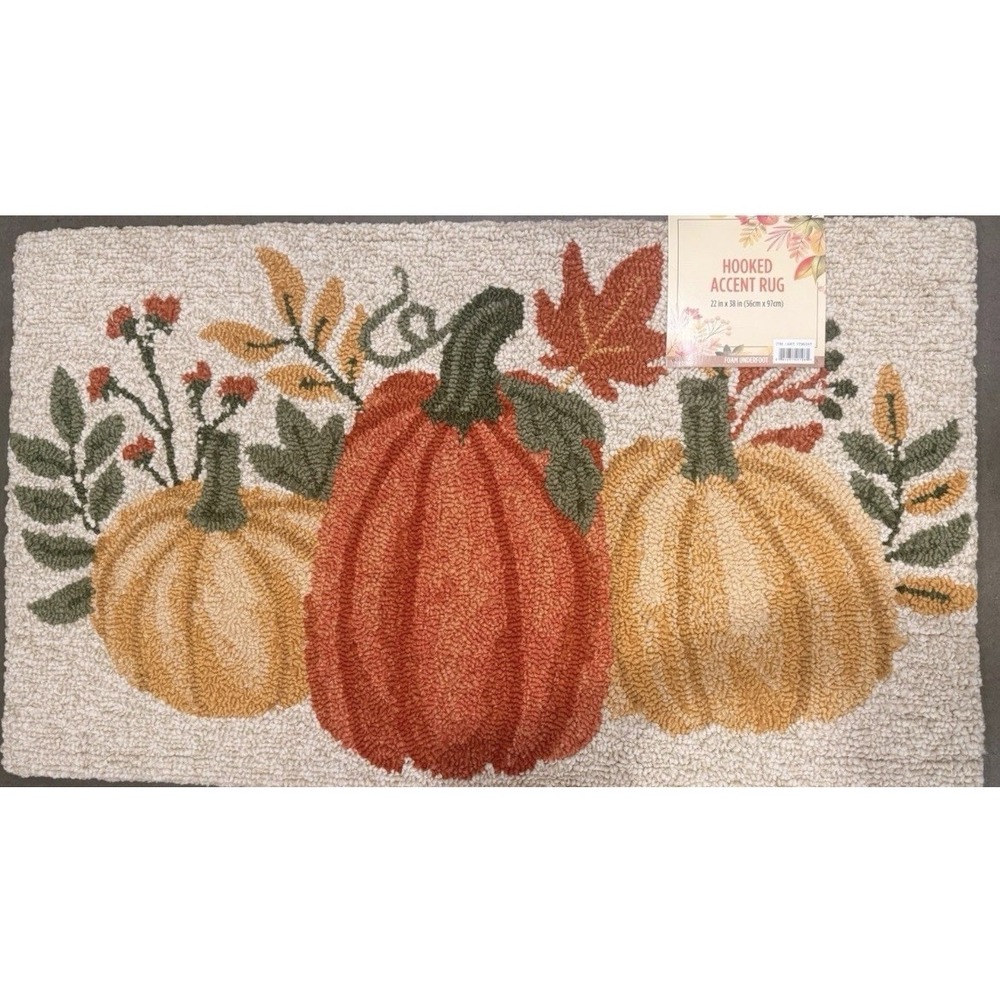 Harvest Pumpkins & Leaves Hooked Halloween Accent Rug 22x38 Memory Foam NWT